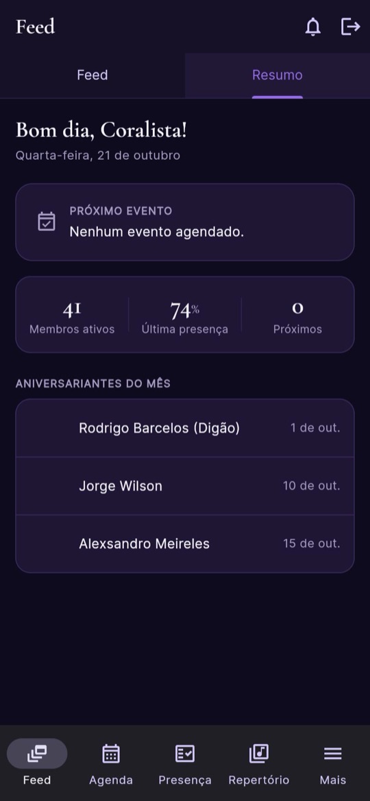 Aba Resumo com próximo evento e aniversariantes