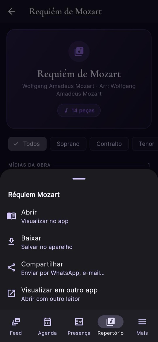 Menu da partitura: abrir, baixar, compartilhar