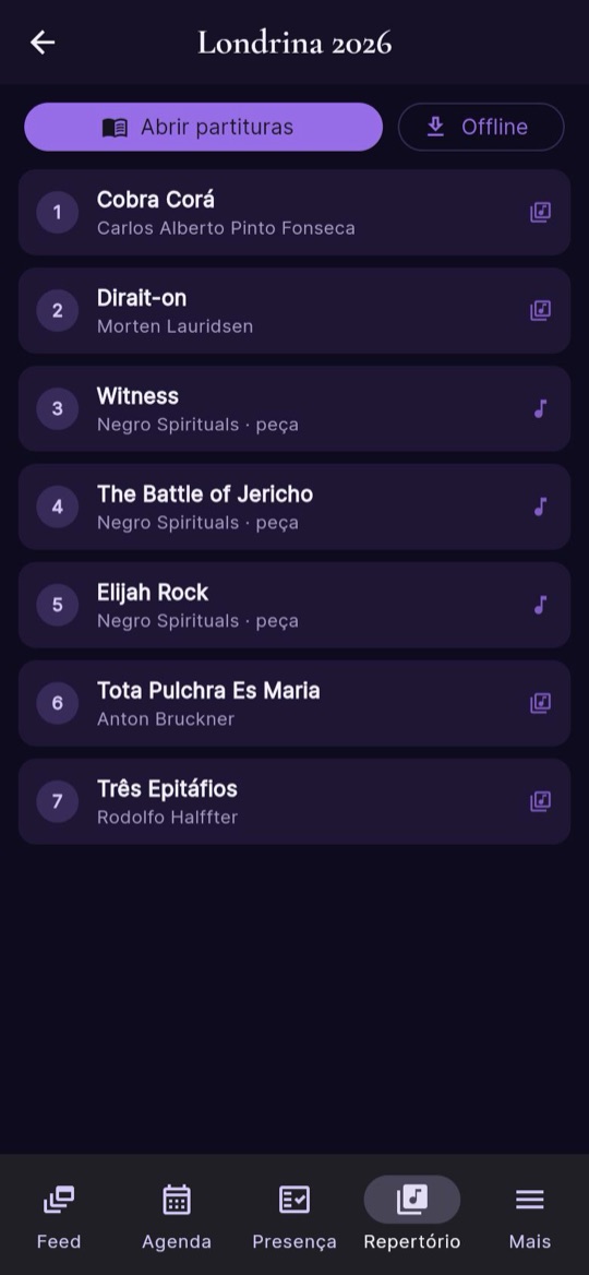 Setlist Londrina 2026 com botão Abrir partituras