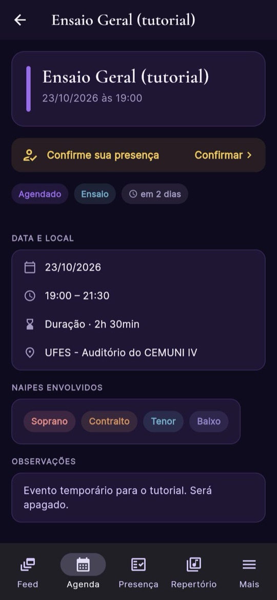 Detalhe de um ensaio com botão Confirmar